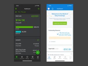 QuickBooks and FreshBooks mobile app home screens